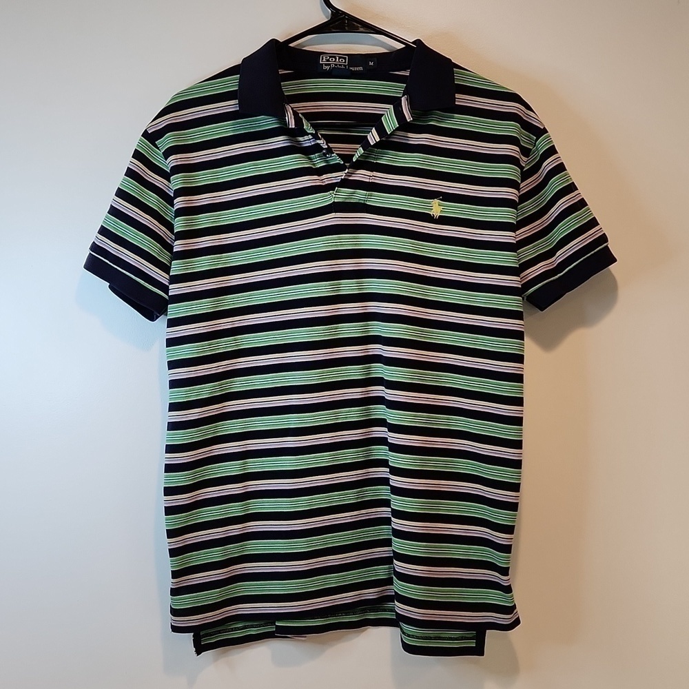 Ralph Lauren Polo Shirt 100% Cotton Men's Sz Med Green/Blue Striped EUC NICE!